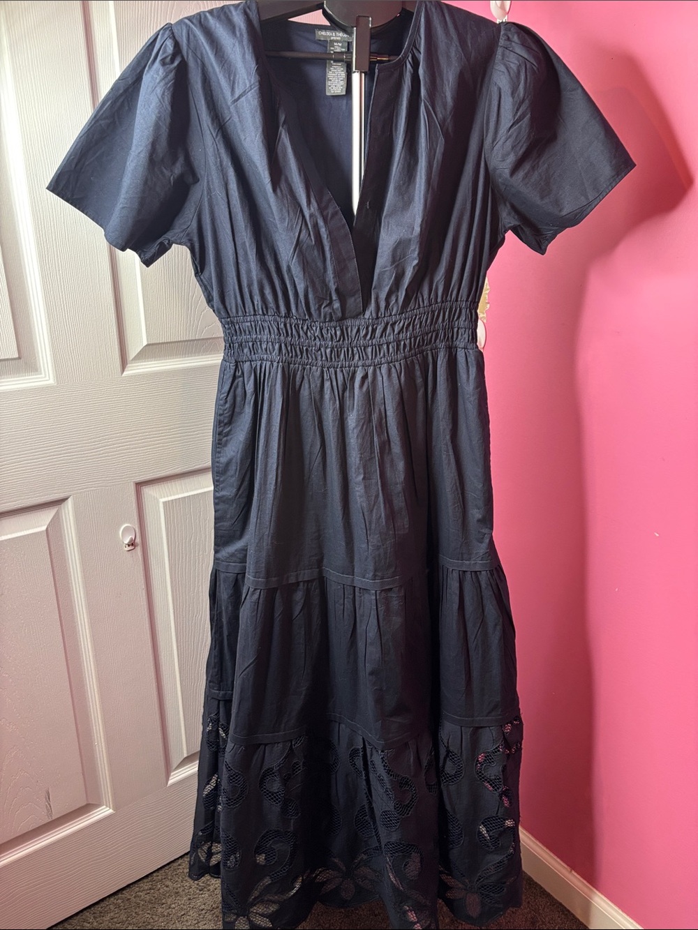 Chelsea & Theodore M Navy Cotton Tiered Maxi Dress Eyelet Embroidery